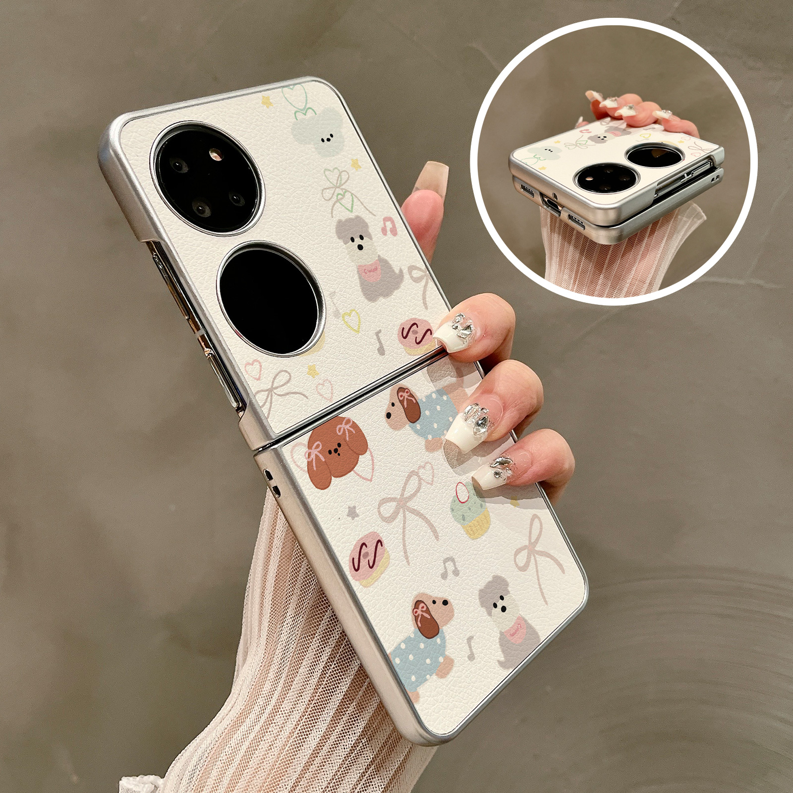 热瓜适用华为P50pocket手机壳Pocket2折叠屏保护套银色蝴蝶结卡通狗油边新款pockets创意高档翻盖视窗全包套