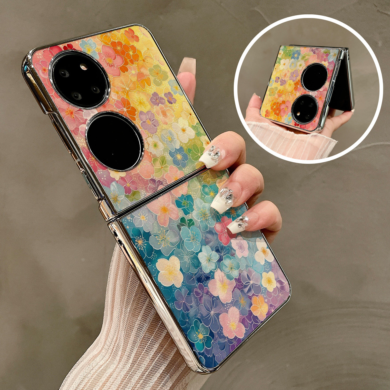 热瓜适用华为P50pocket手机壳Pocket2折叠屏保护套彩色满屏小花朵潮电镀银边新款pockets创意高档视窗全包套,3C数码配件,手机保护套/壳,淘宝优惠券,粉丝福利购,淘宝优惠卷