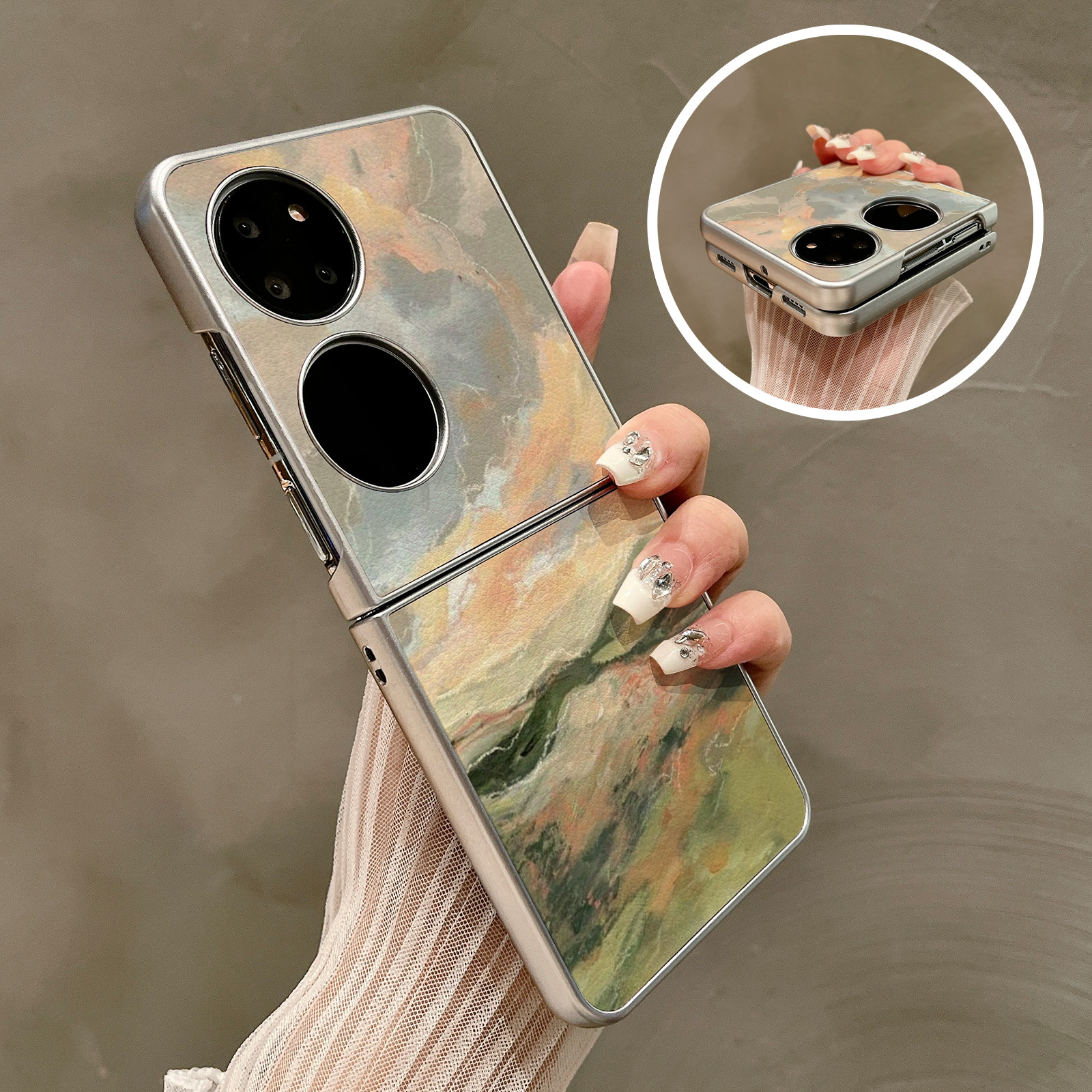 热瓜适用华为P50pocket手机壳Pocket2折叠屏保护套银色彩绘大理石田野油边新pocket2创意高档翻盖视窗全包套