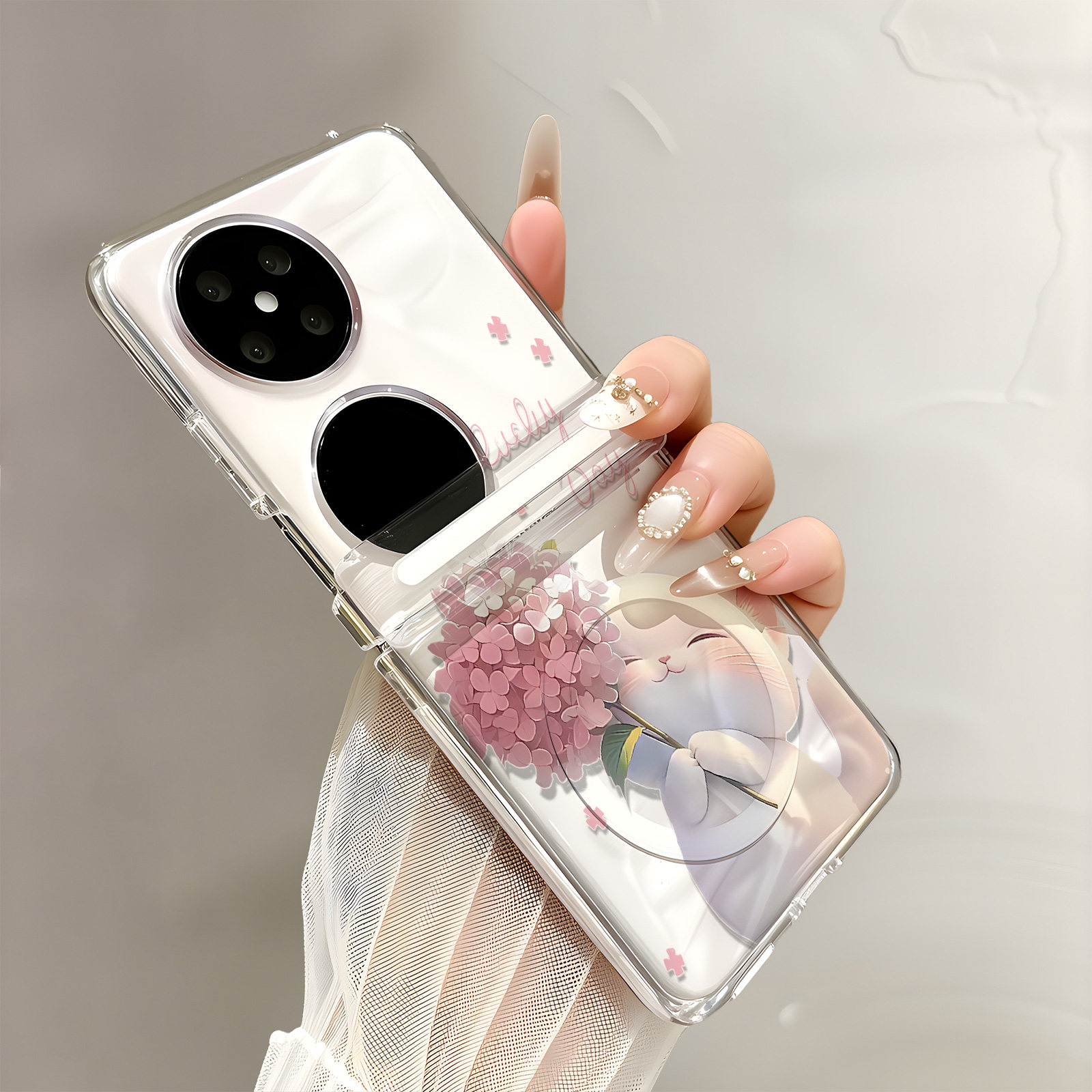 热瓜适用于华为Pocket2/P50pocketS手机壳折叠保护套新款中轴/背面无线磁吸UV透明壳全包防摔套粉色花朵猫咪