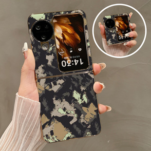 热瓜适用OPPOFindN3flip手机壳折叠屏保护套电镀金边涂鸦迷彩色块皮质新款findn2flip高档奢华翻盖视窗全包套