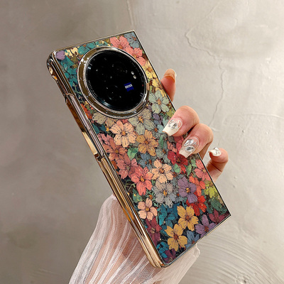 热瓜适用VIVOXFold5手机壳折叠屏保护套唯美满屏彩绘鲜花电镀金边新款气质xfold3pro/xfold2高档全包潮防摔套