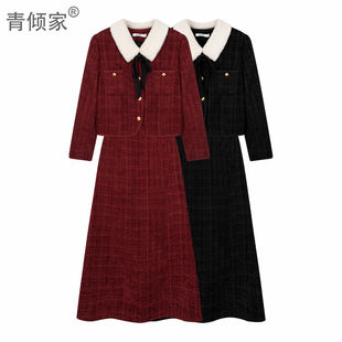 爆款 冬季 名媛高端加棉红色小香风外套两件套裙 山楂之恋 青倾家