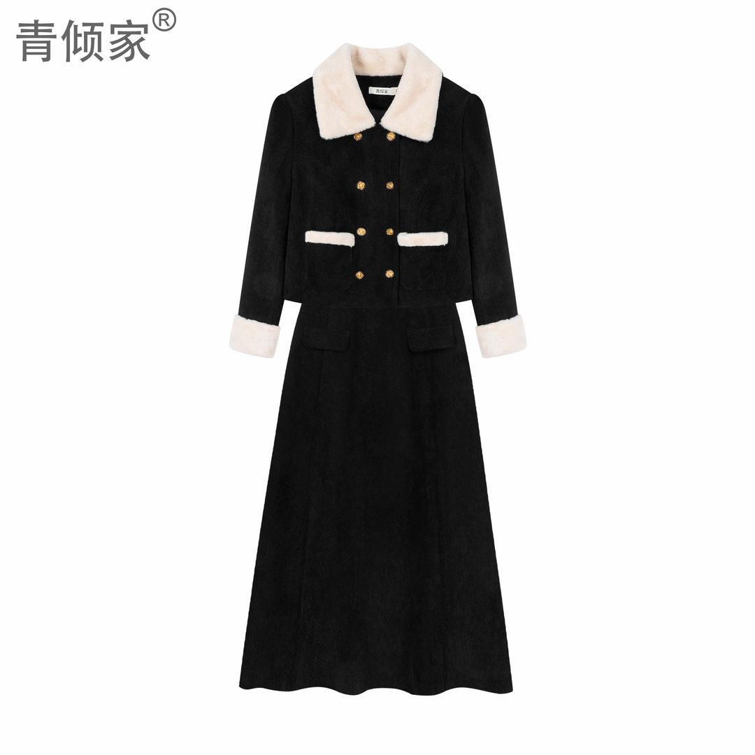 冬季黑色小香风套装女加厚灯芯绒外套气质两件套【青倾家】