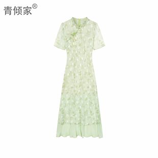 裹胸立领大码 青倾家薄荷曼波通勤风常规成人中长裙夏季 旗袍高腰