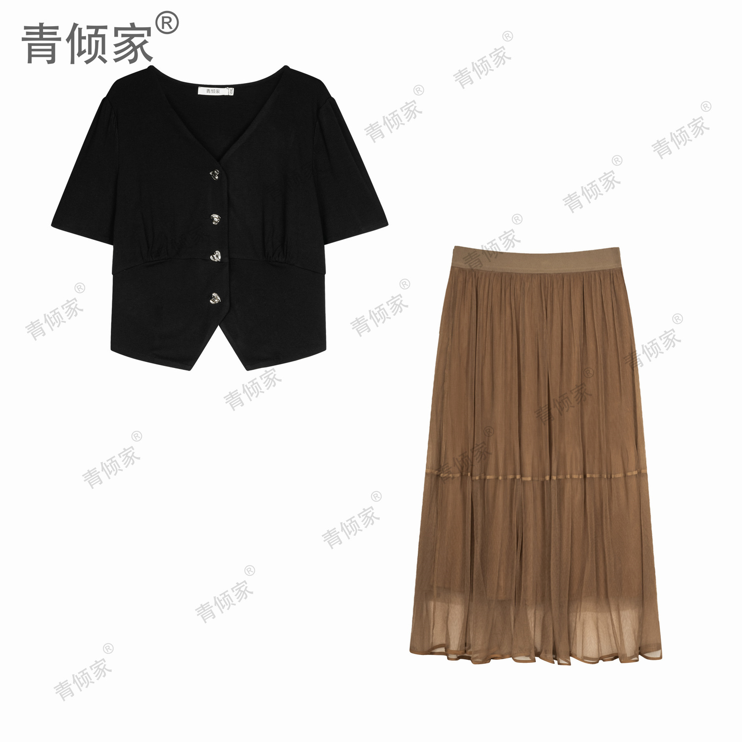 青倾家【仲夏甜茶】夏季时尚气质显瘦V领短袖上衣+高腰半身裙套装