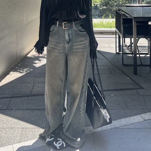 牛仔裤松弛感穿搭裤子女秋冬设计感洗水复古色好版型阔腿直筒裤