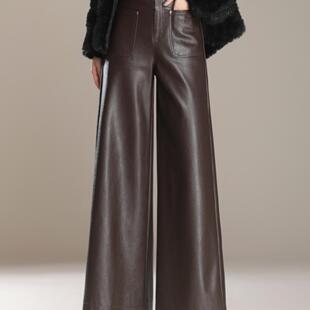 高端2024新款海宁真皮皮裤女高腰直筒显瘦高档绵羊皮阔腿休闲长裤