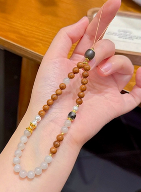 天然和田玉女多宝沉香手腕款挂链手机挂件手机链挂绳手机绳链手机