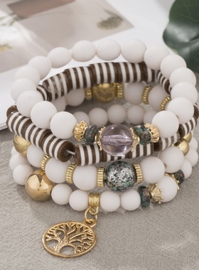 【珠黛饰品】欧美波西米亚创意生命树磨砂珠多层串珠手链 六色