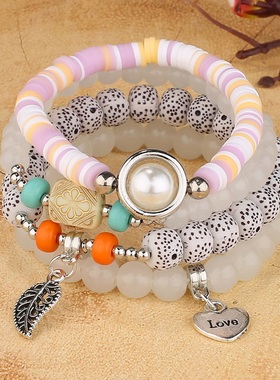 【珠黛饰品】欧美波西米珍珠爱心树叶水晶多层串珠时尚手链 六色