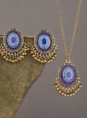 【珠黛饰品】欧美热卖民族风铃铛吊坠耳环耳钉夸张项链套装 四色