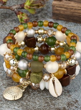 【珠黛饰品】波西米亚手链创意贝壳水晶多层串珠时尚手链 七色