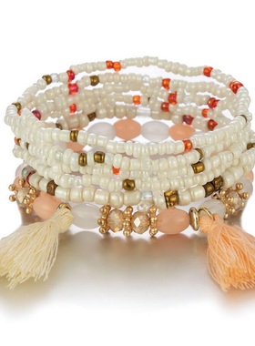 【珠黛饰品】跨境波西米亚多层多串米珠编织手链创意手环 五色