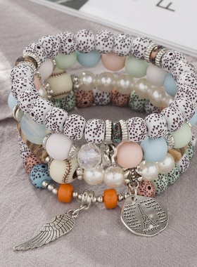 【珠黛饰品】波西米亚分层创意天使翅膀英文片多层串珠手链 六色