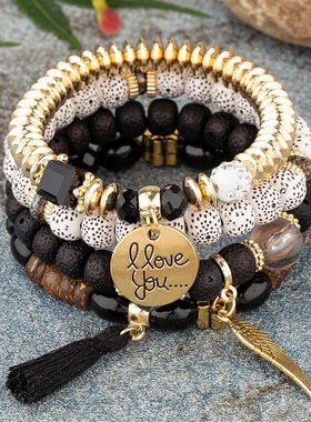 【珠黛饰品】欧美波西米亚多层手链英文片吊坠流苏分层串珠 七色