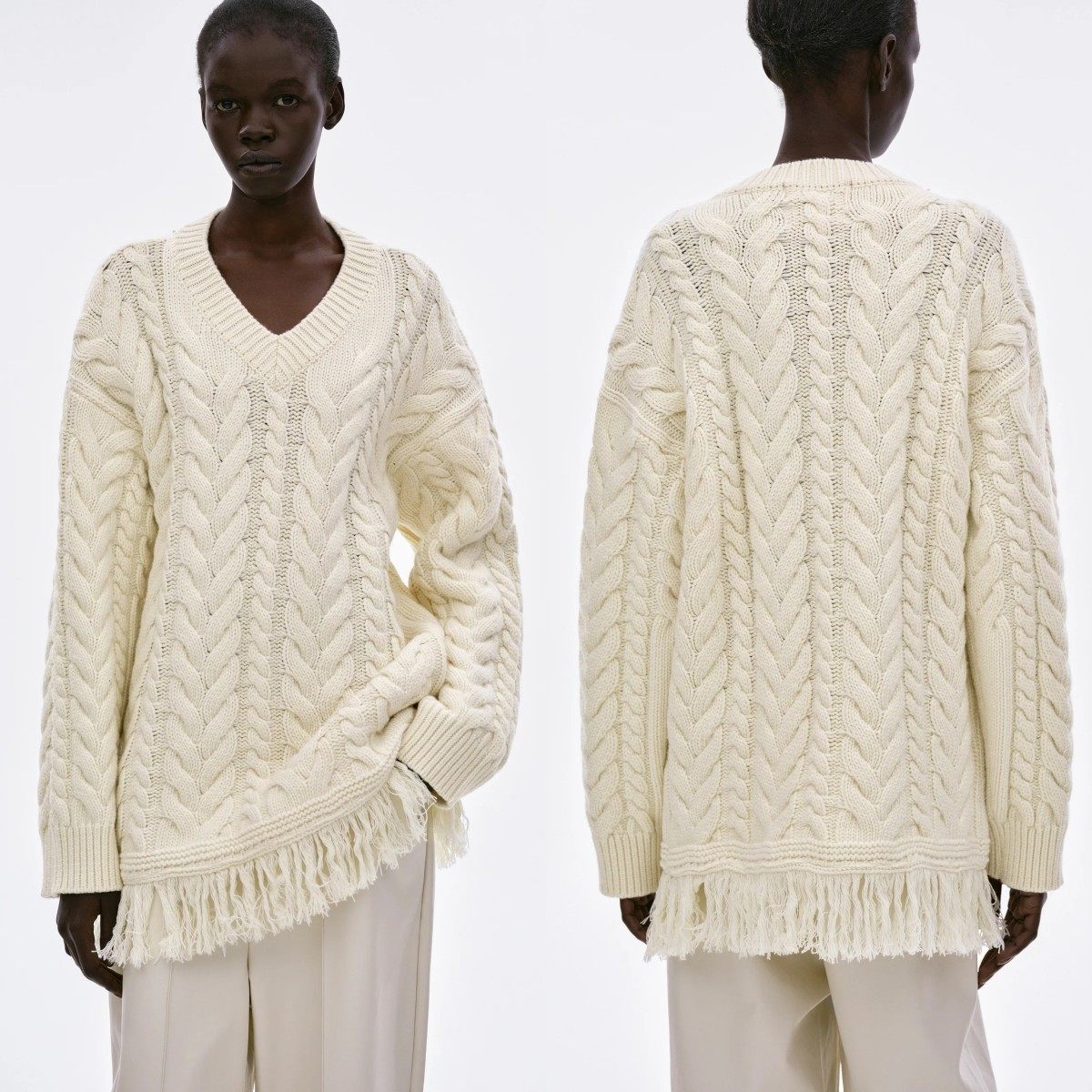 美国代购Source Unknown 秋冬绵羊毛麻花编织流苏中长款套头V领廓