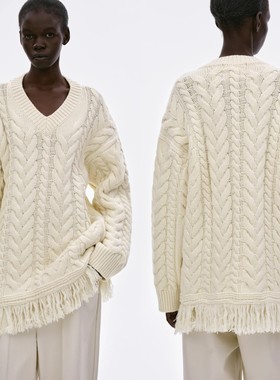 美国代购Source Unknown 秋冬绵羊毛麻花编织流苏中长款套头V领廓