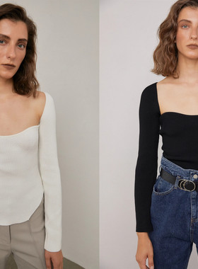 美国代购source unknown 21春季 方领修身弹力针织打底衫上衣女