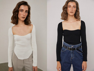 美国代购source unknown 21春季 方领修身弹力针织打底衫上衣女