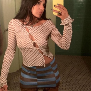 美国代购source unknown21冬棋盘格镂空纽扣圆领长袖T恤elsa hosk