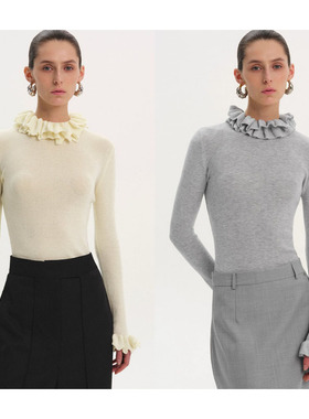 Source Unknown 25春夏荷叶高领针织修身弹力长袖上衣女