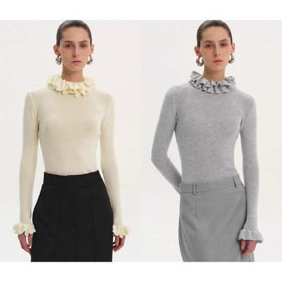 SU高领荷叶边针织弹力上衣