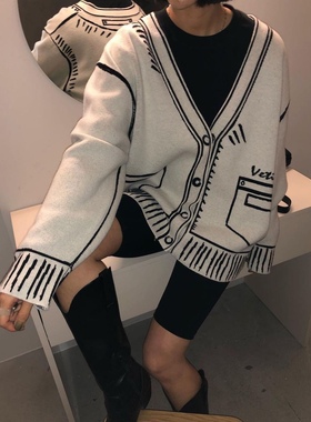 美国代购source unknown 20秋冬 涂鸦感针织廓形开衫毛衣女