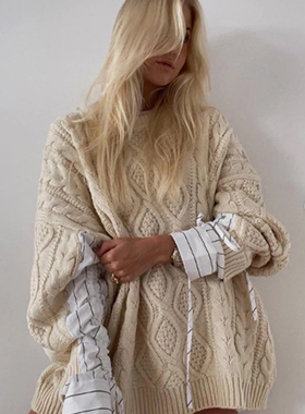 STORETS代购 23秋冬新品 elsa hosk同款廓形麻花编织拼接条纹毛衣