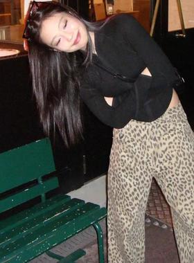 韩国ORDES jennie同款 豹纹休闲长裤女美式复古直筒裤牛仔裤