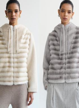 Source Unknown 仿皮草宽松廓形条纹渐变连帽拉链外套女
