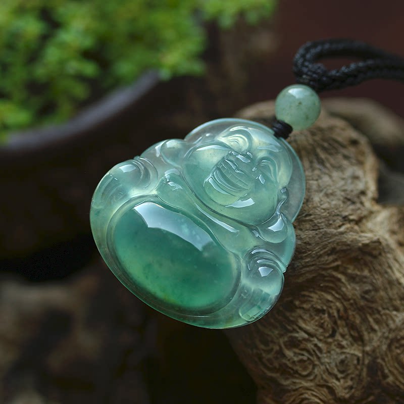 冰种蓝绿花翡翠a货弥勒佛公挂件吊坠缅甸玉石天然珠宝证书 0875