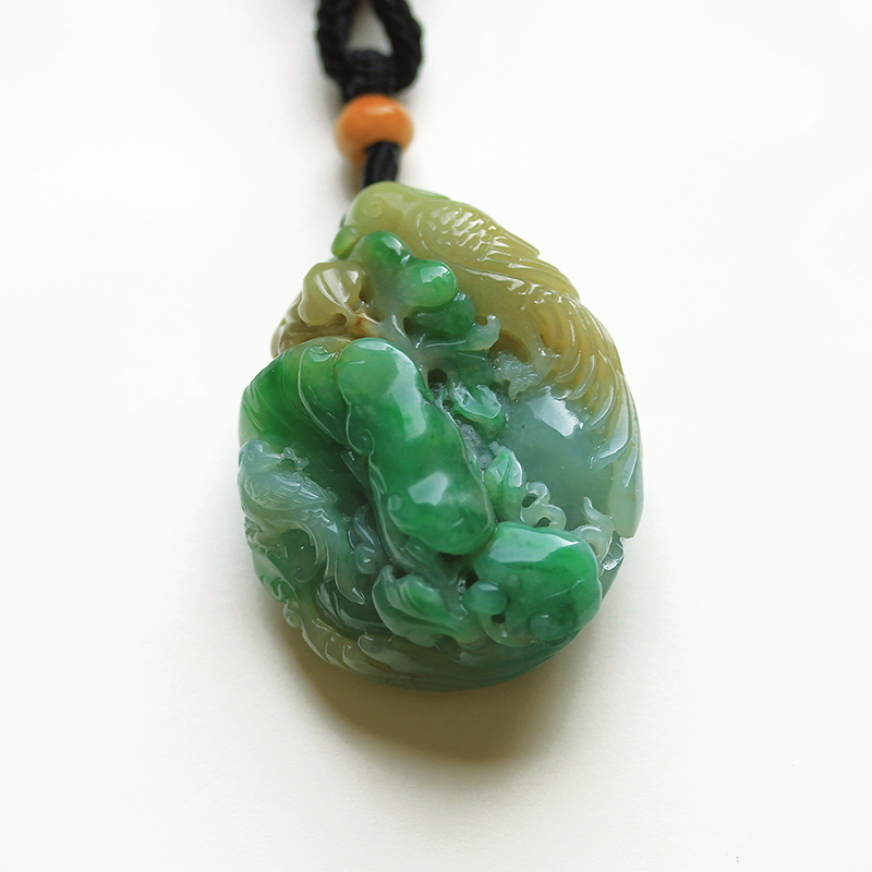 黄加绿翡翠花鸟挂件如意吊坠天然A货糯冰种缅甸玉石俏色巧雕 0565