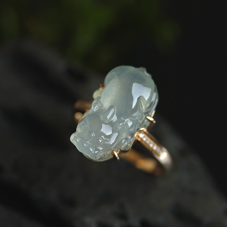 冰种翡翠貔貅戒指缅甸玉石18k金钻石女天然a货聚宝盆珠宝首饰0297