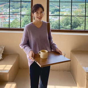 纯色V领简约休闲长袖 现货 新款 女装 针织毛衣M9101 韩版