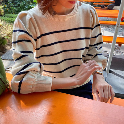 现货 条纹毛衣女春秋新款韩版宽松慵懒风圆领套头长袖针织衫上衣