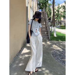 老钱 女宽松休闲百搭直筒裤 LIMESODA2025春夏新款 亚麻条纹阔腿裤