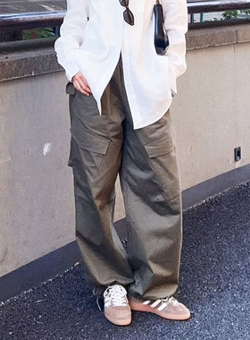 美式工装风卡其色阔腿裤女宽松显瘦多口袋直筒休闲裤