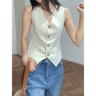 LIMESODA复古老钱风v领西装 醋酸亚麻坎肩 马甲短外套女夏2025新款