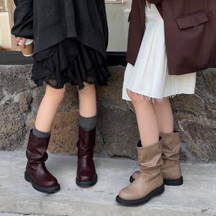 VEEFSHOW 单里圆头粗跟中筒骑士靴女秋冬厚底圆头不过膝长靴 3515