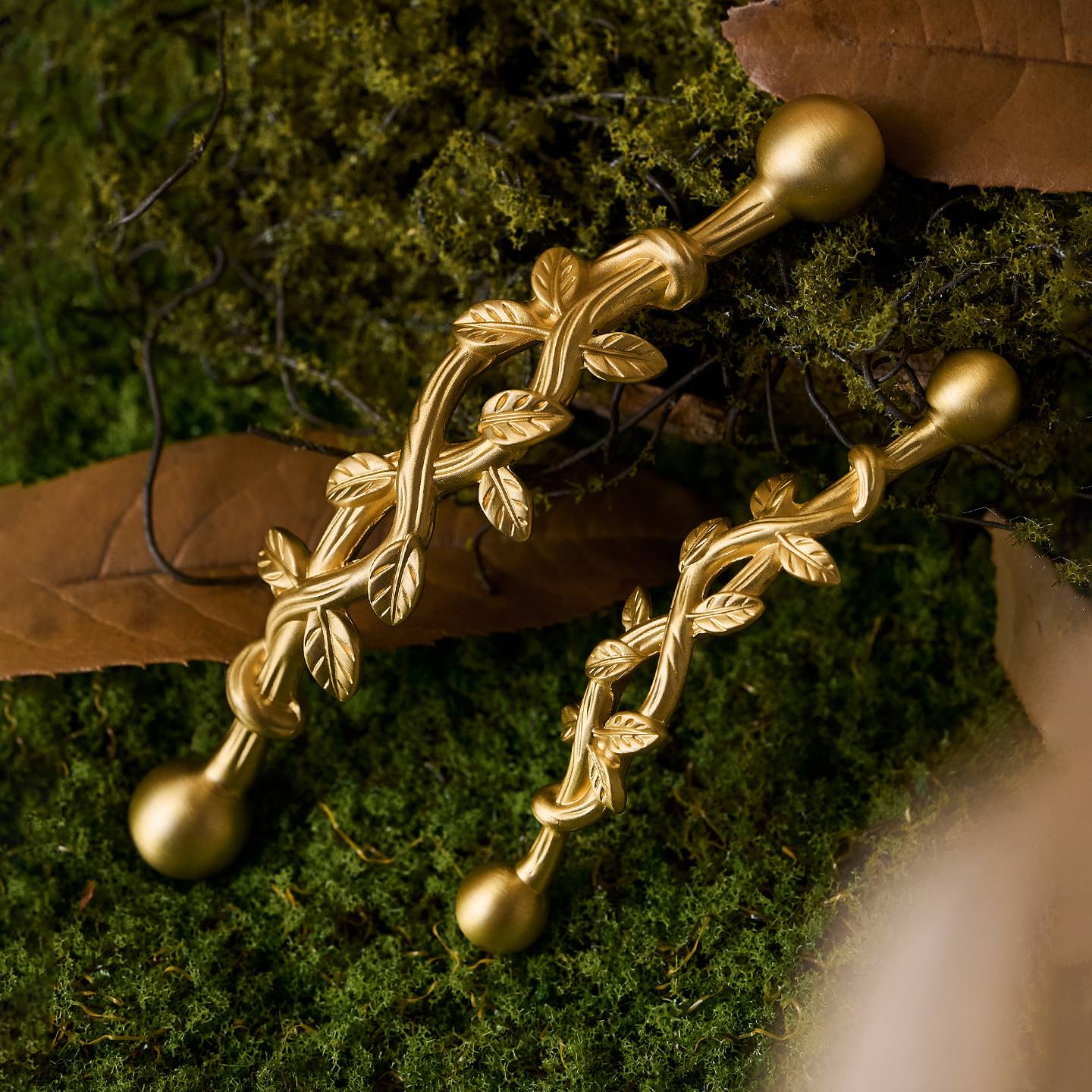 屿铜田园风黄铜柜门拉手衣柜门橱柜抽屉 DIY创意藤蔓金色柜子把手