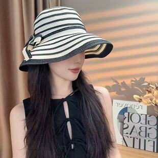 新款夏季法式卷边防晒帽子女士礼帽条纹草帽防晒太阳帽遮阳渔夫帽