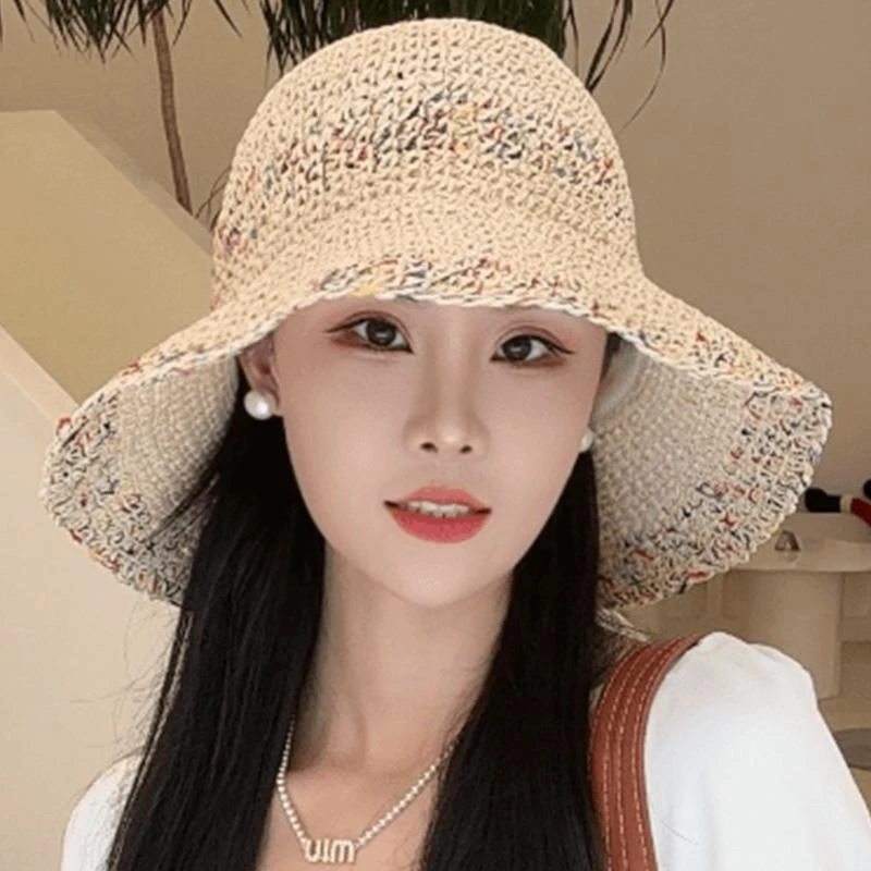 草帽女2025新款春夏时尚防晒沙滩帽海边度假可折叠大檐条纹渔夫帽
