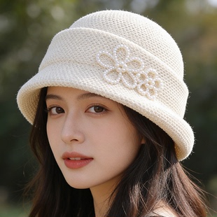 法式复古珍珠花朵渔夫帽女秋季时尚优雅千金风帽子高级感黑色礼帽