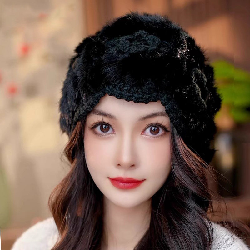 兔毛针织毛线帽女秋冬季保暖防寒