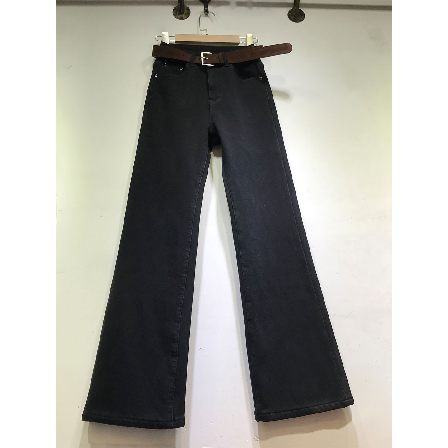 加厚复合绒黑色微喇叭裤女牛仔裤