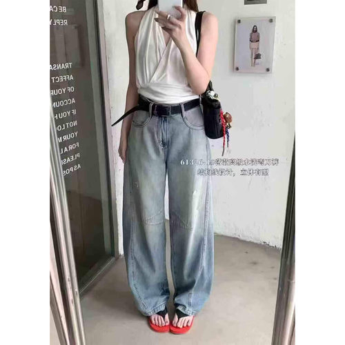 复古弯刀裤女拖地牛仔裤阔腿裤