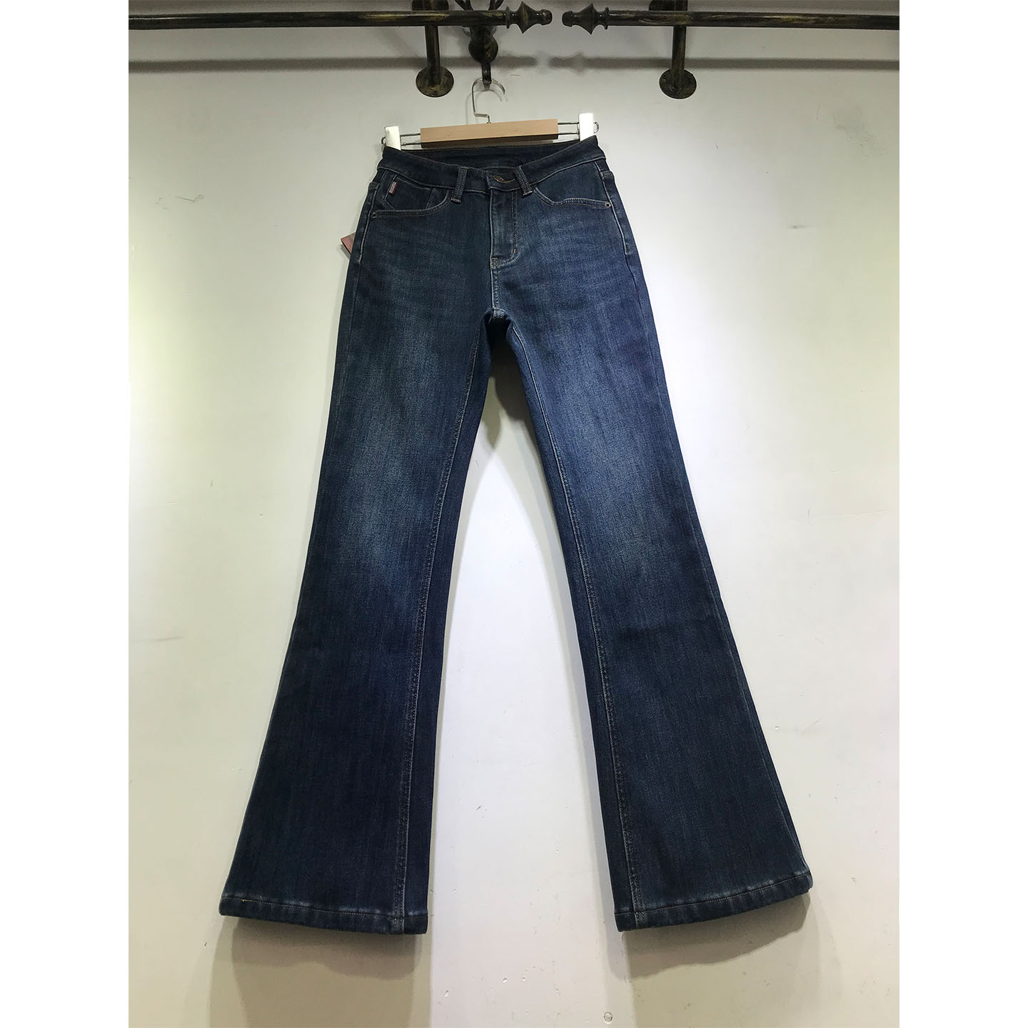 加厚复合绒微喇叭裤女牛仔长裤