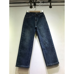 弹力皮标小直筒裤 九分牛仔裤 女2025冬季 E野视角加厚复合绒烟管裤