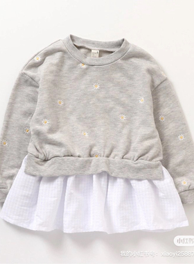 日本FO.apres les 女童毛圈配雪纺裙式卫衣满袖小雏菊灰色卫衣